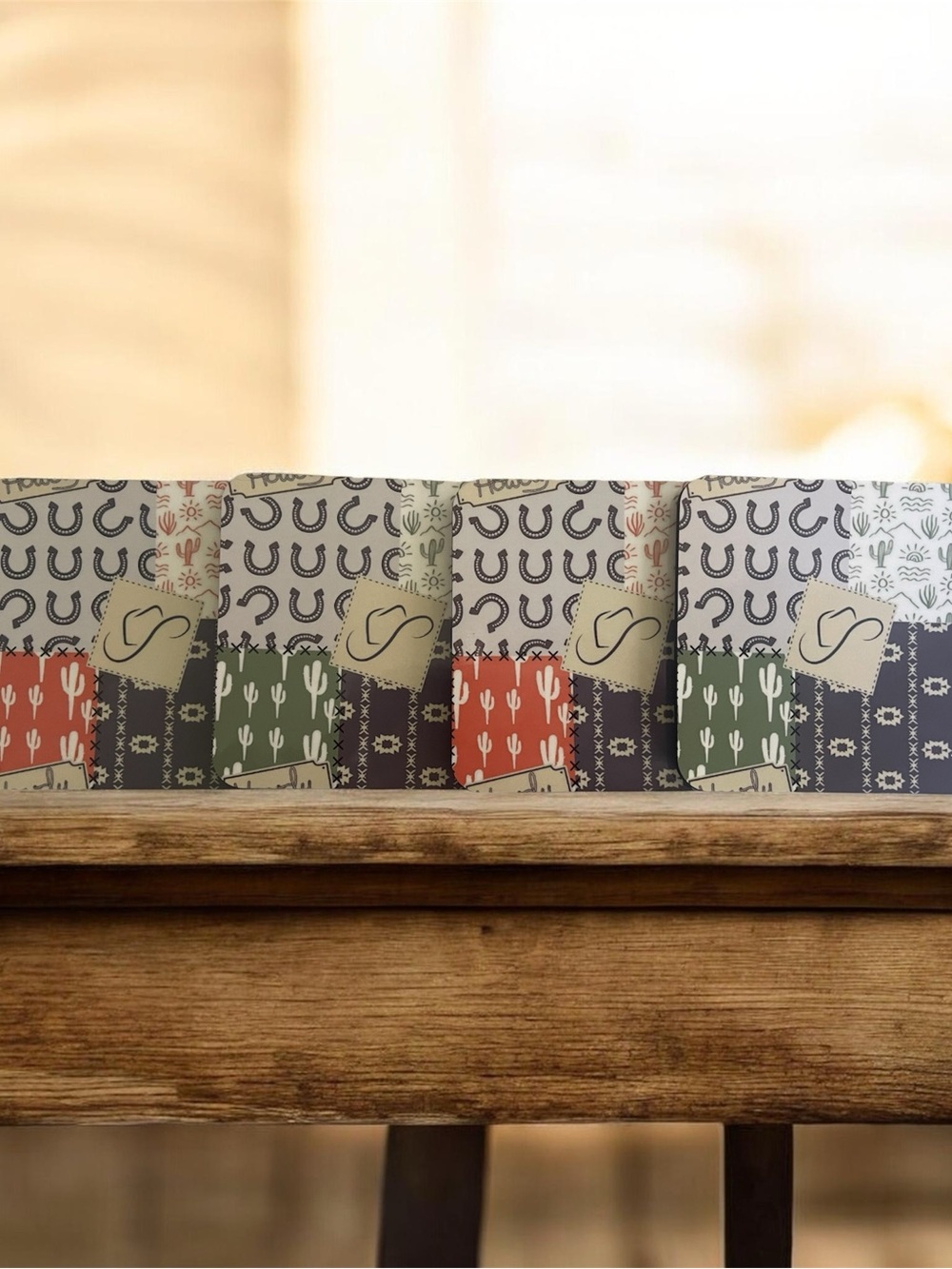 Cactus & Horseshoe Patterned Drink Coasters- Rust, Green, Navy.